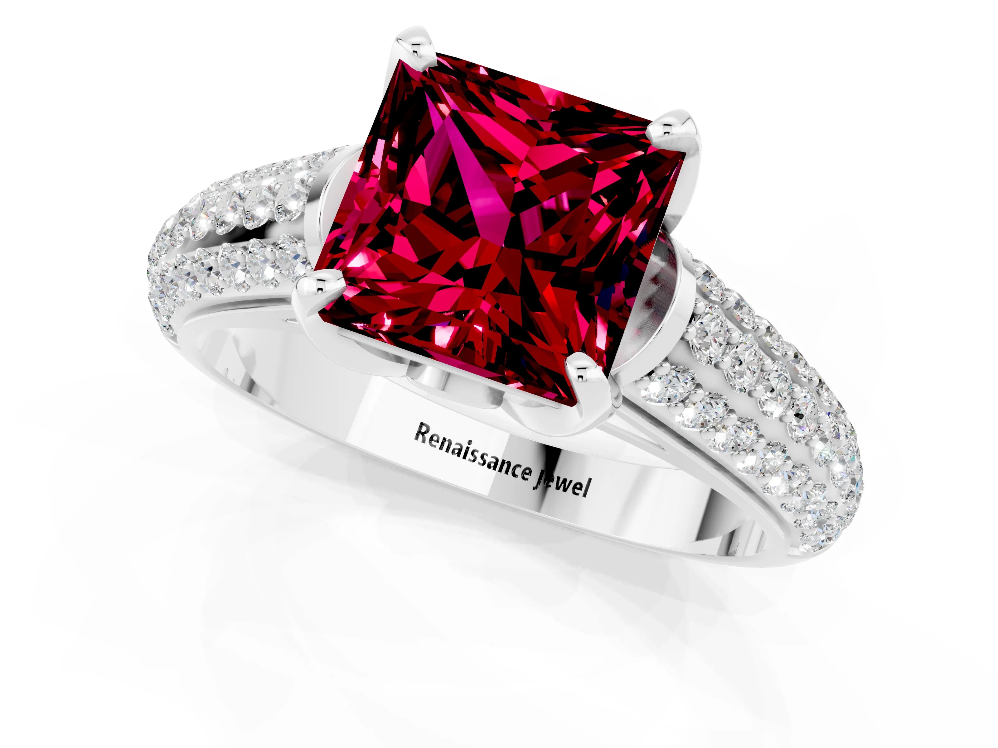 White gold Princess Cut Garnet Solitaire Ring with Three-Row Pavé Band and Four-Prong Setting_13
