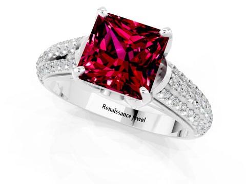 White gold Princess Cut Garnet Solitaire Ring with Three-Row Pavé Band and Four-Prong Setting_13