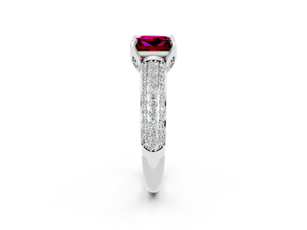 Platinum Princess Cut Garnet Solitaire Ring with Three-Row Pavé Band and Four-Prong Setting