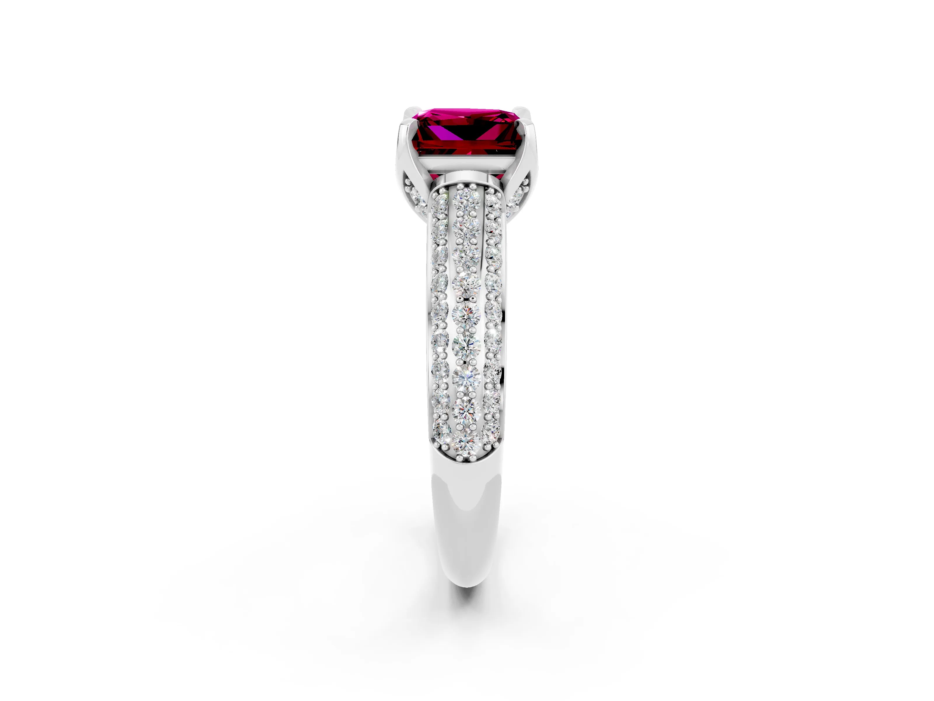 White gold Princess Cut Garnet Solitaire Ring with Three-Row Pavé Band and Four-Prong Setting_14