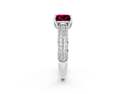 White gold Princess Cut Garnet Solitaire Ring with Three-Row Pavé Band and Four-Prong Setting_14