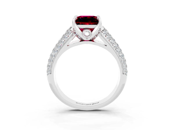 Platinum Princess Cut Garnet Solitaire Ring with Three-Row Pavé Band and Four-Prong Setting