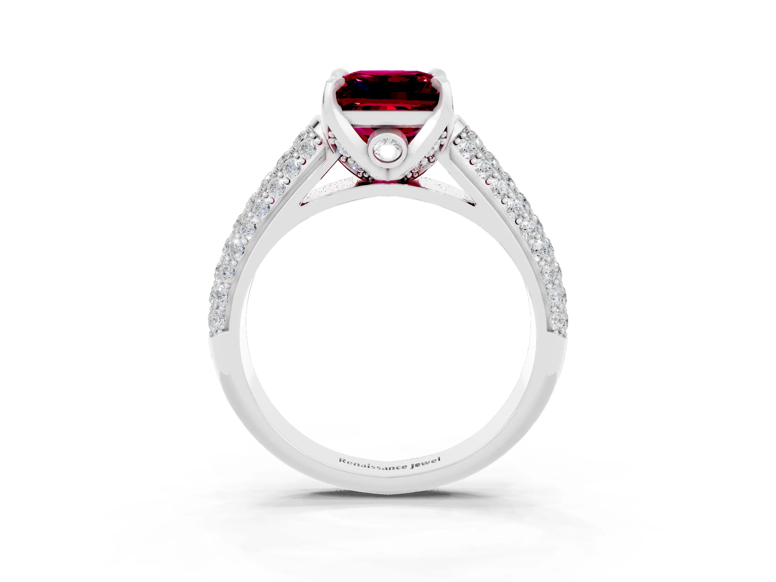 White gold Princess Cut Garnet Solitaire Ring with Three-Row Pavé Band and Four-Prong Setting_15