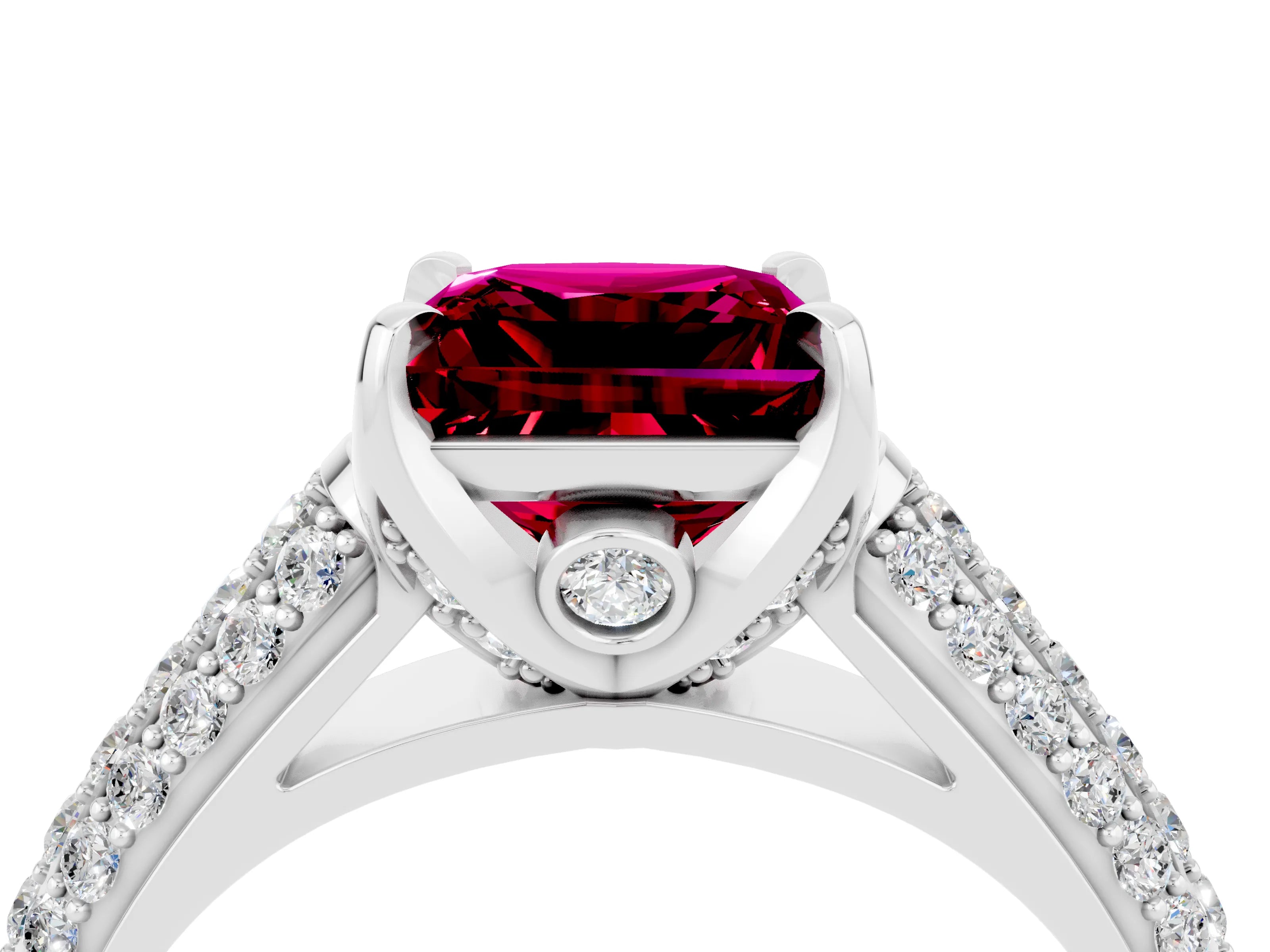 White gold Princess Cut Garnet Solitaire Ring with Three-Row Pavé Band and Four-Prong Setting_16
