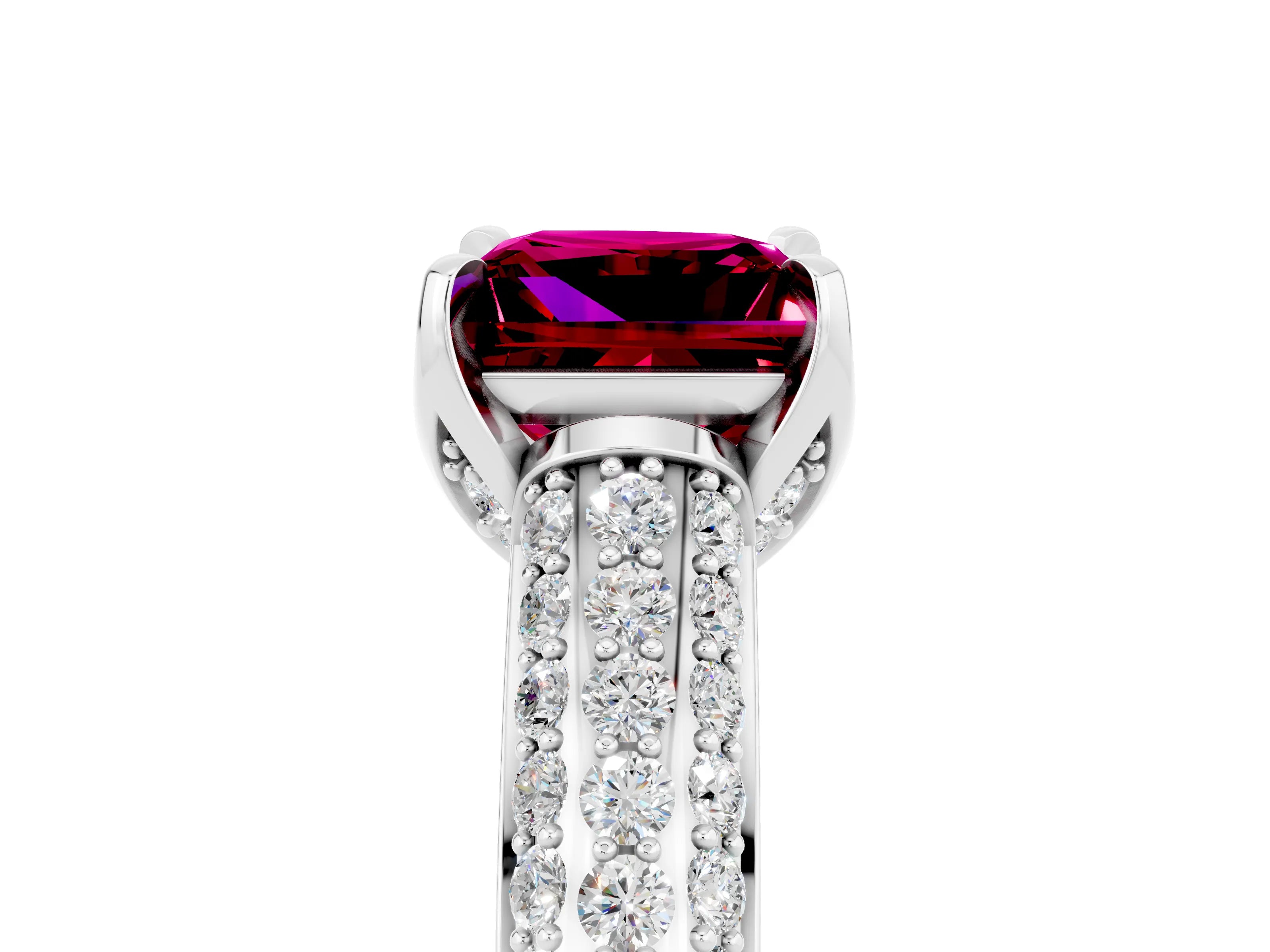 White gold Princess Cut Garnet Solitaire Ring with Three-Row Pavé Band and Four-Prong Setting_17
