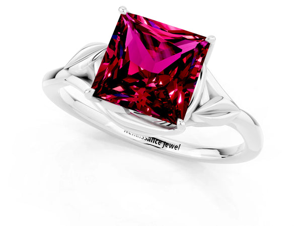 Silver Princess Cut Garnet Solitaire Ring with Twist Band and Four-Prong Setting