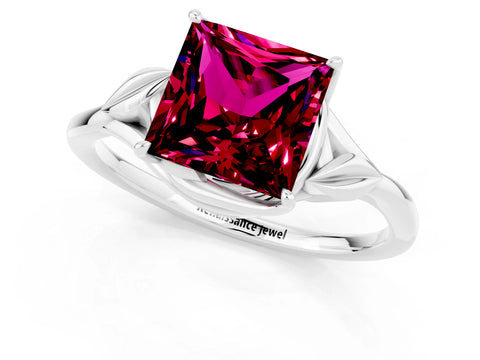 White gold Princess Cut Garnet Solitaire Ring with Twist Band and Four-Prong Setting_13