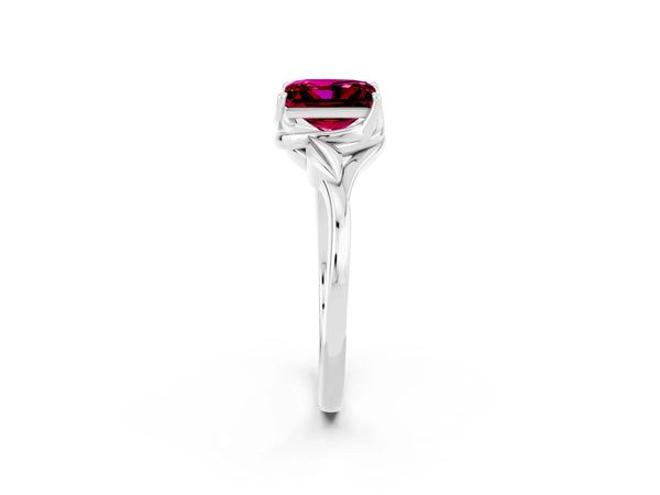 Platinum Princess Cut Garnet Solitaire Ring with Twist Band and Four-Prong Setting