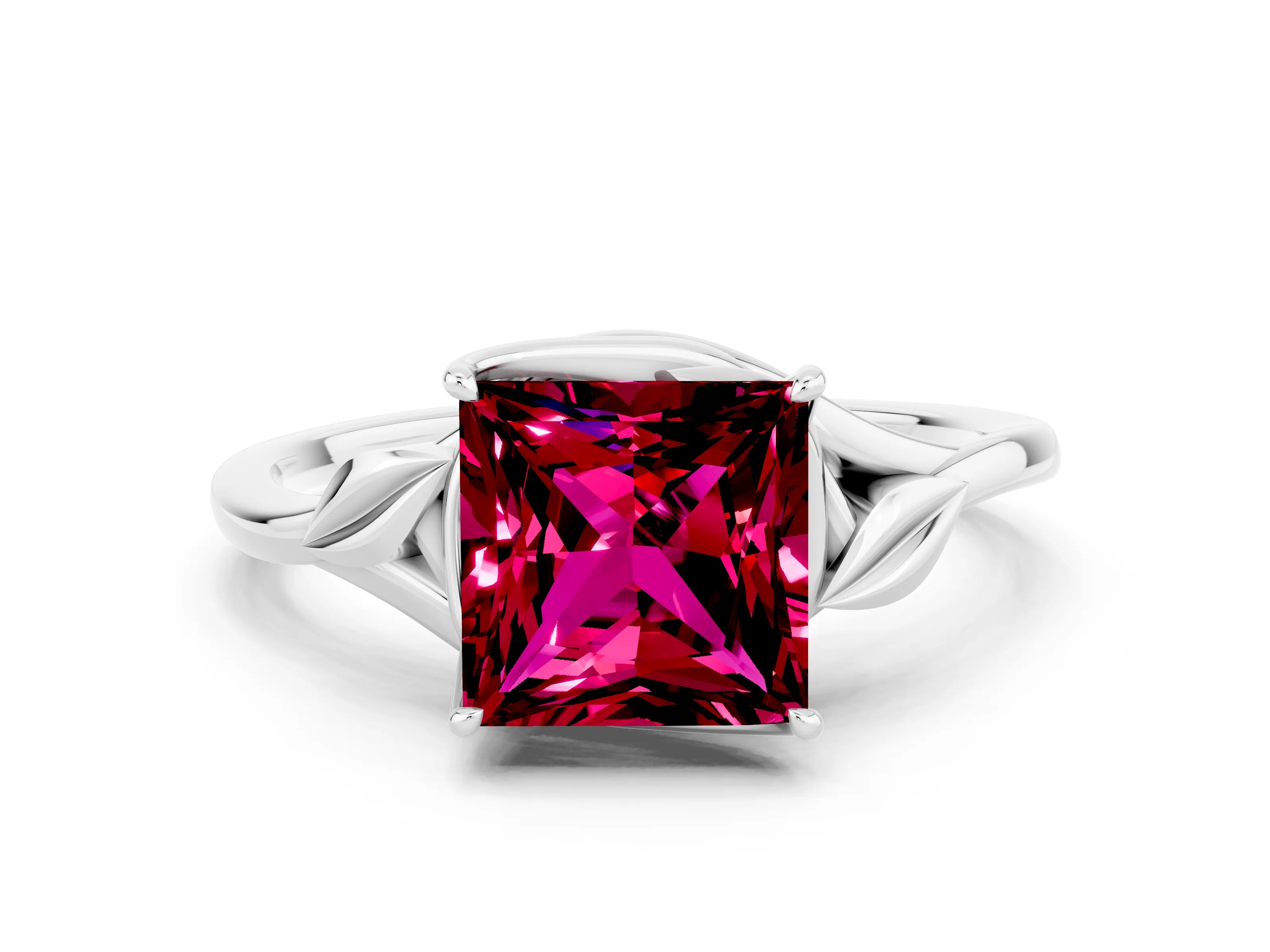 White gold Princess Cut Garnet Solitaire Ring with Twist Band and Four-Prong Setting_36