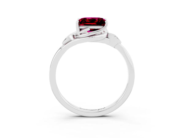 White gold Princess Cut Garnet Solitaire Ring with Twist Band and Four-Prong Setting