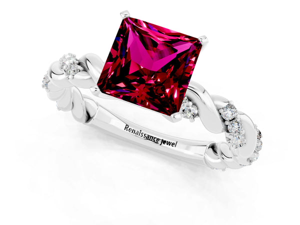 Platinum Princess Cut Garnet Solitaire Ring with Twisted Band and Pavé Accents