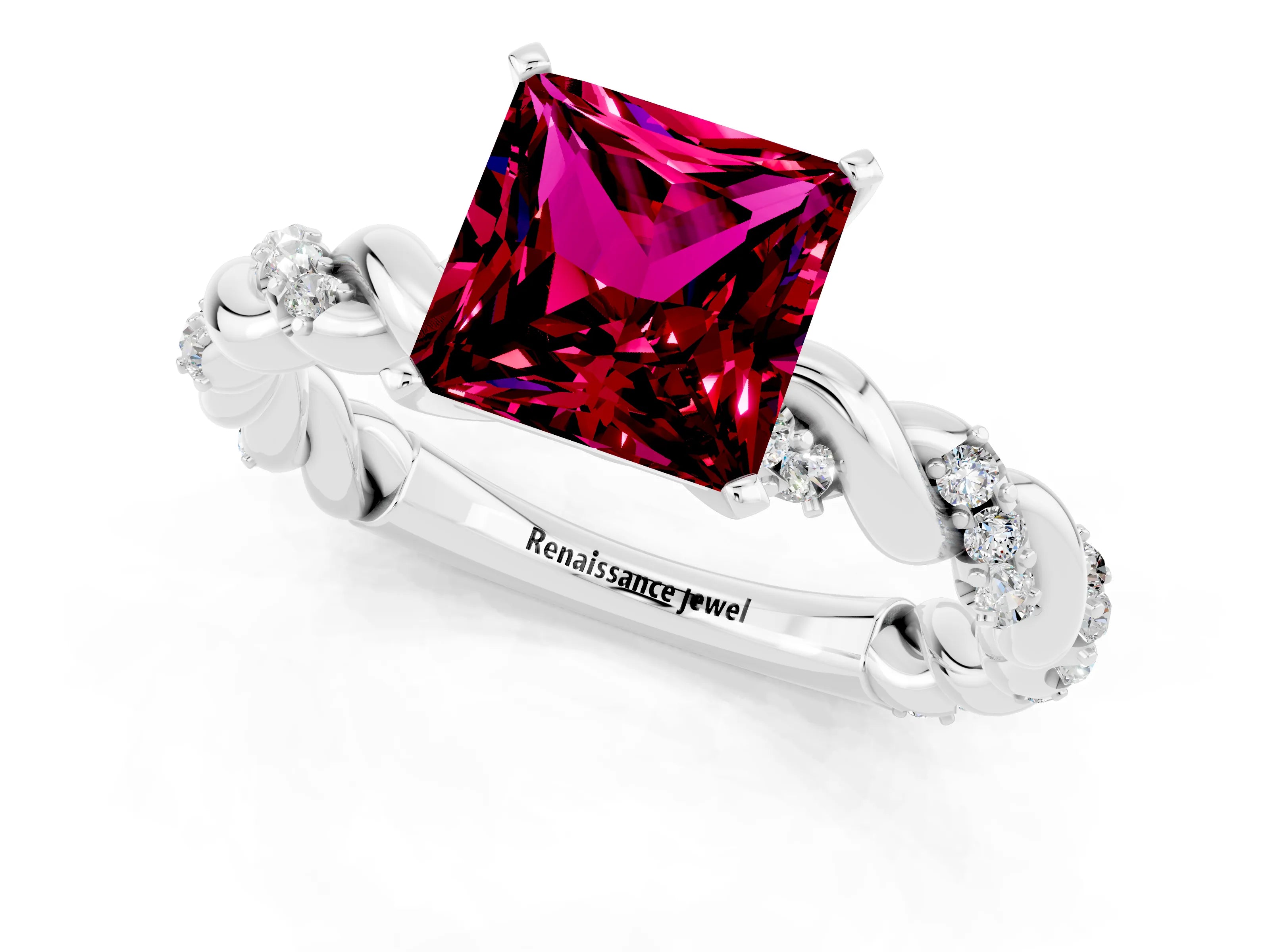 White gold Princess Cut Garnet Solitaire Ring with Twisted Band and Pavé Accents_1