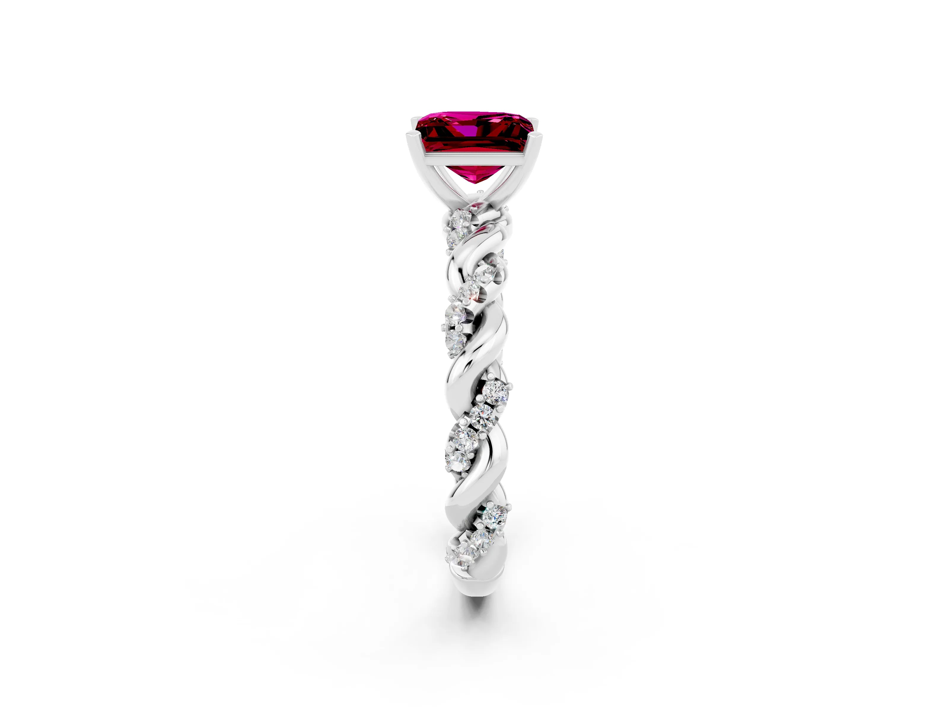 White gold Princess Cut Garnet Solitaire Ring with Twisted Band and Pavé Accents_2