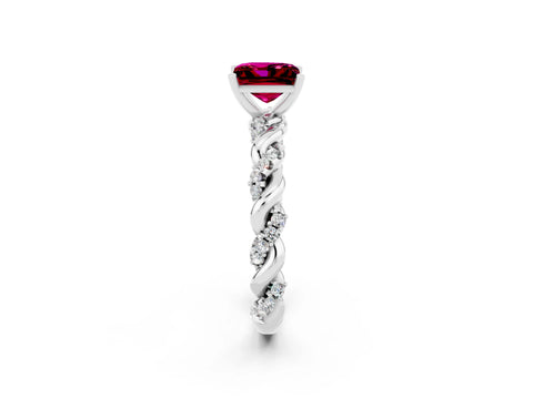 White gold Princess Cut Garnet Solitaire Ring with Twisted Band and Pavé Accents_2
