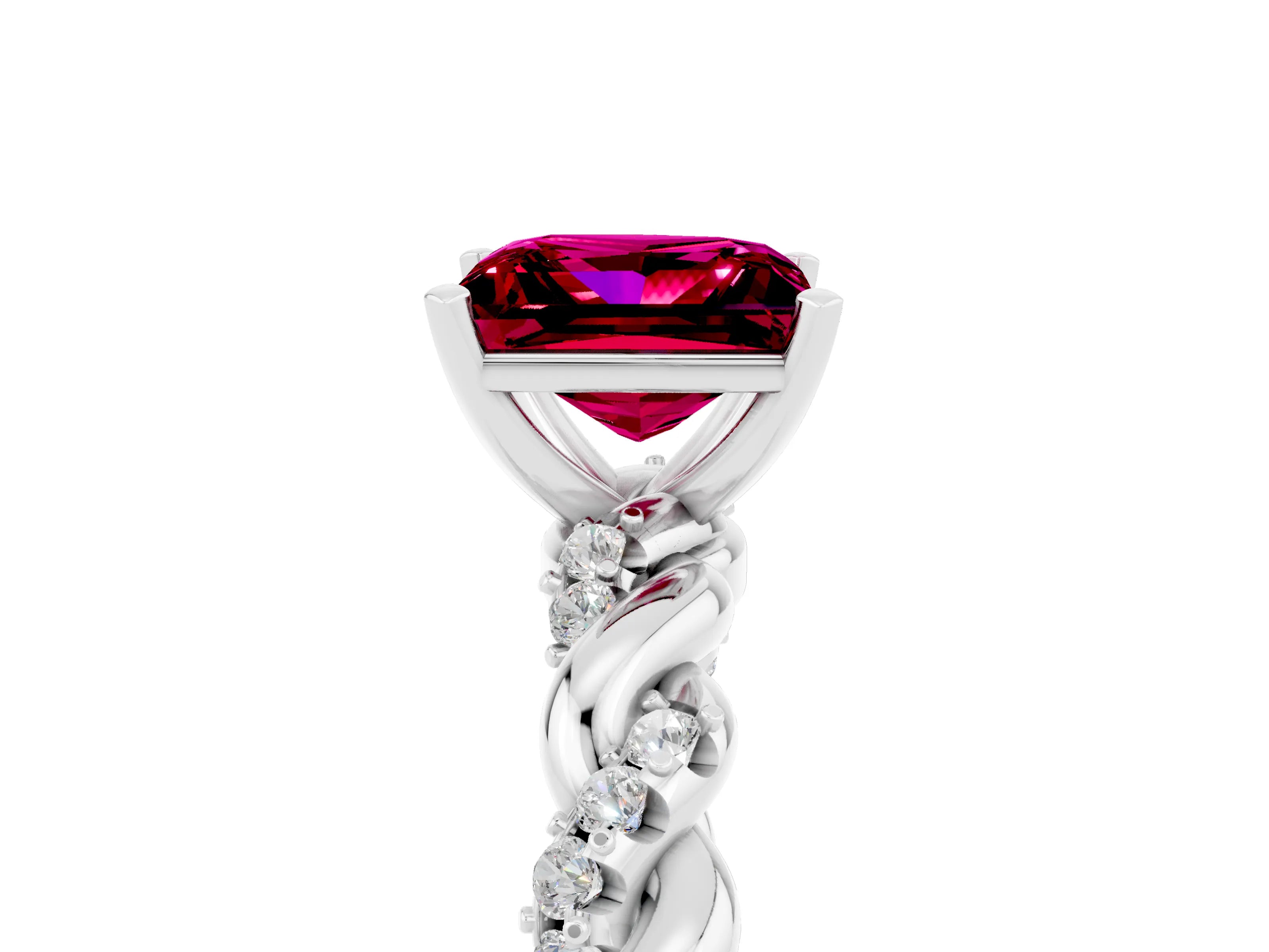 White gold Princess Cut Garnet Solitaire Ring with Twisted Band and Pavé Accents_5