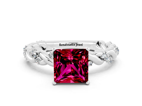 White gold Princess Cut Garnet Solitaire Ring with Twisted Band and Pavé Accents