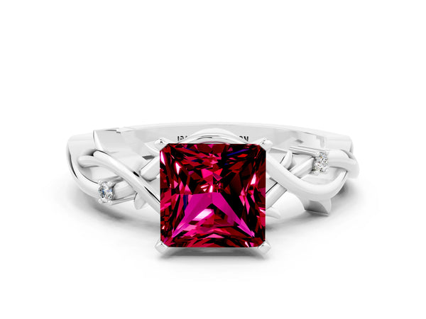 White gold Princess Cut Garnet Solitaire Ring with Twisted Band and Prong Setting