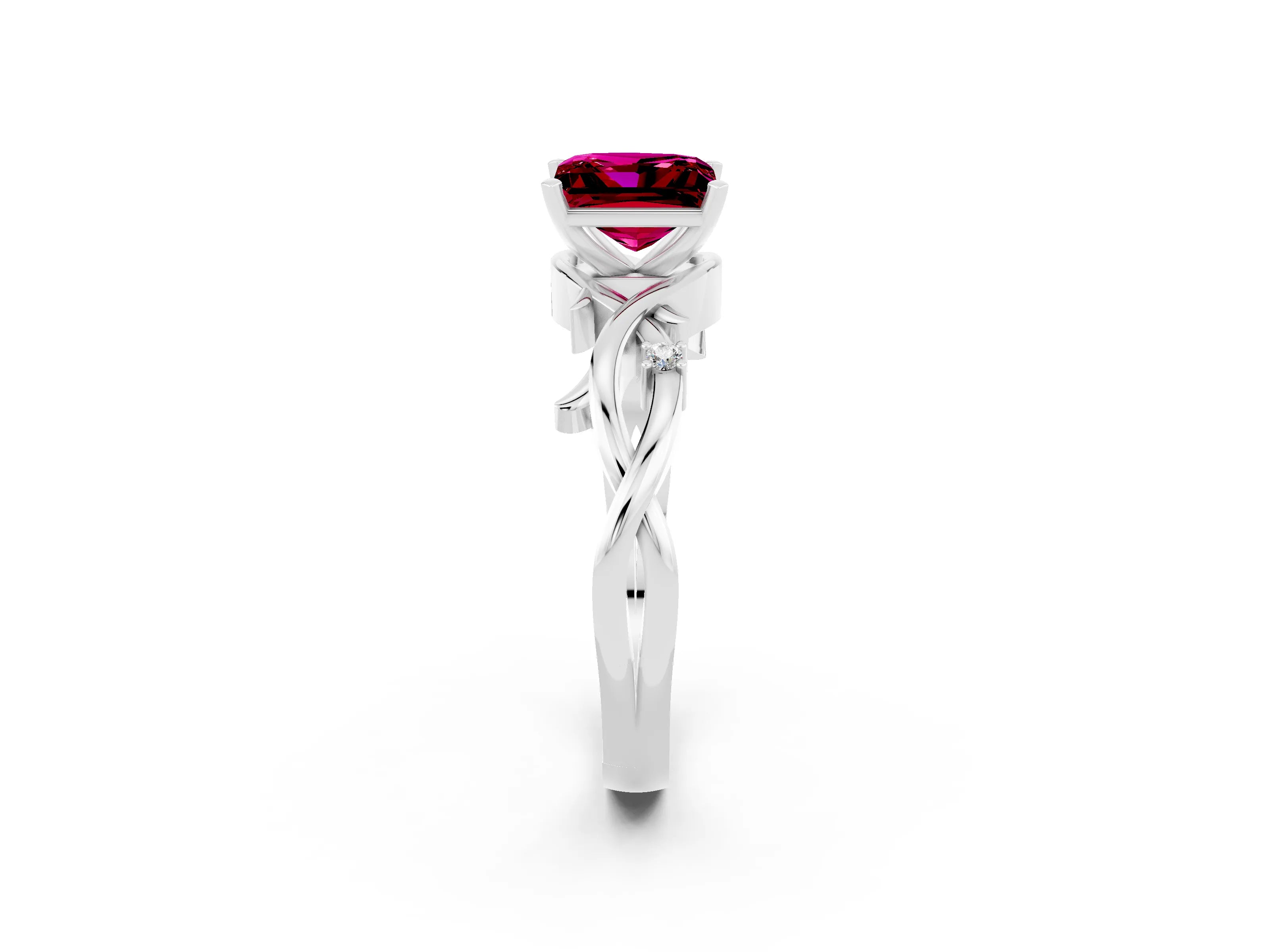 White gold Princess Cut Garnet Solitaire Ring with Twisted Band and Prong Setting_14
