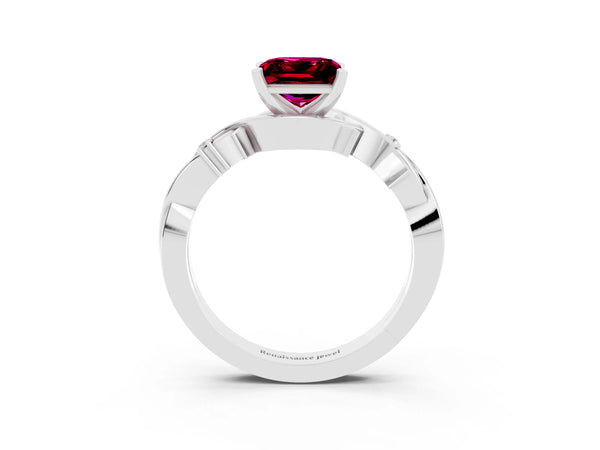 White gold Princess Cut Garnet Solitaire Ring with Twisted Band and Prong Setting