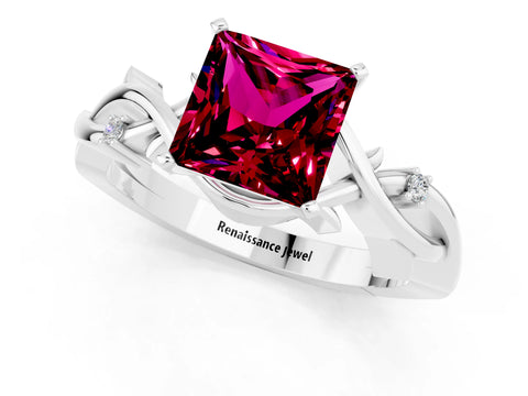 White gold Princess Cut Garnet Solitaire Ring with Twisted Band and Prong Setting_1