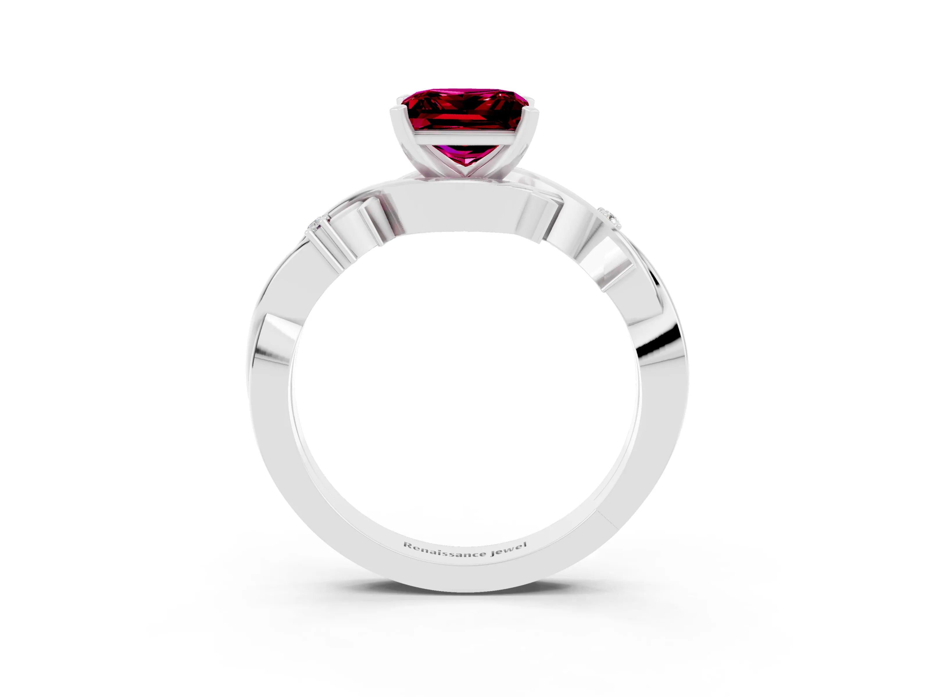 White gold Princess Cut Garnet Solitaire Ring with Twisted Band and Prong Setting_3