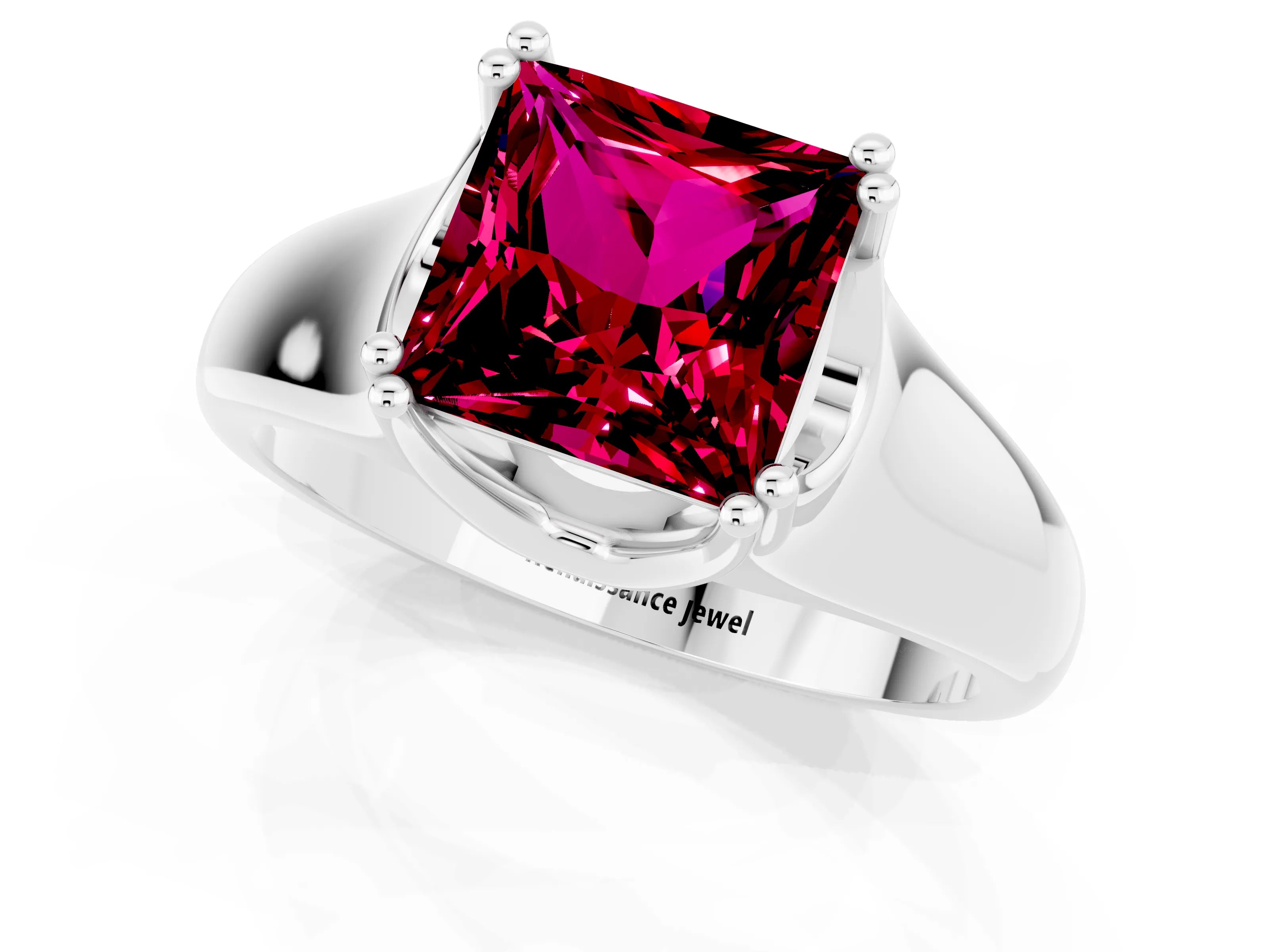 White gold Princess Cut Garnet Solitaire Ring with Wide Band and Prong Setting_1