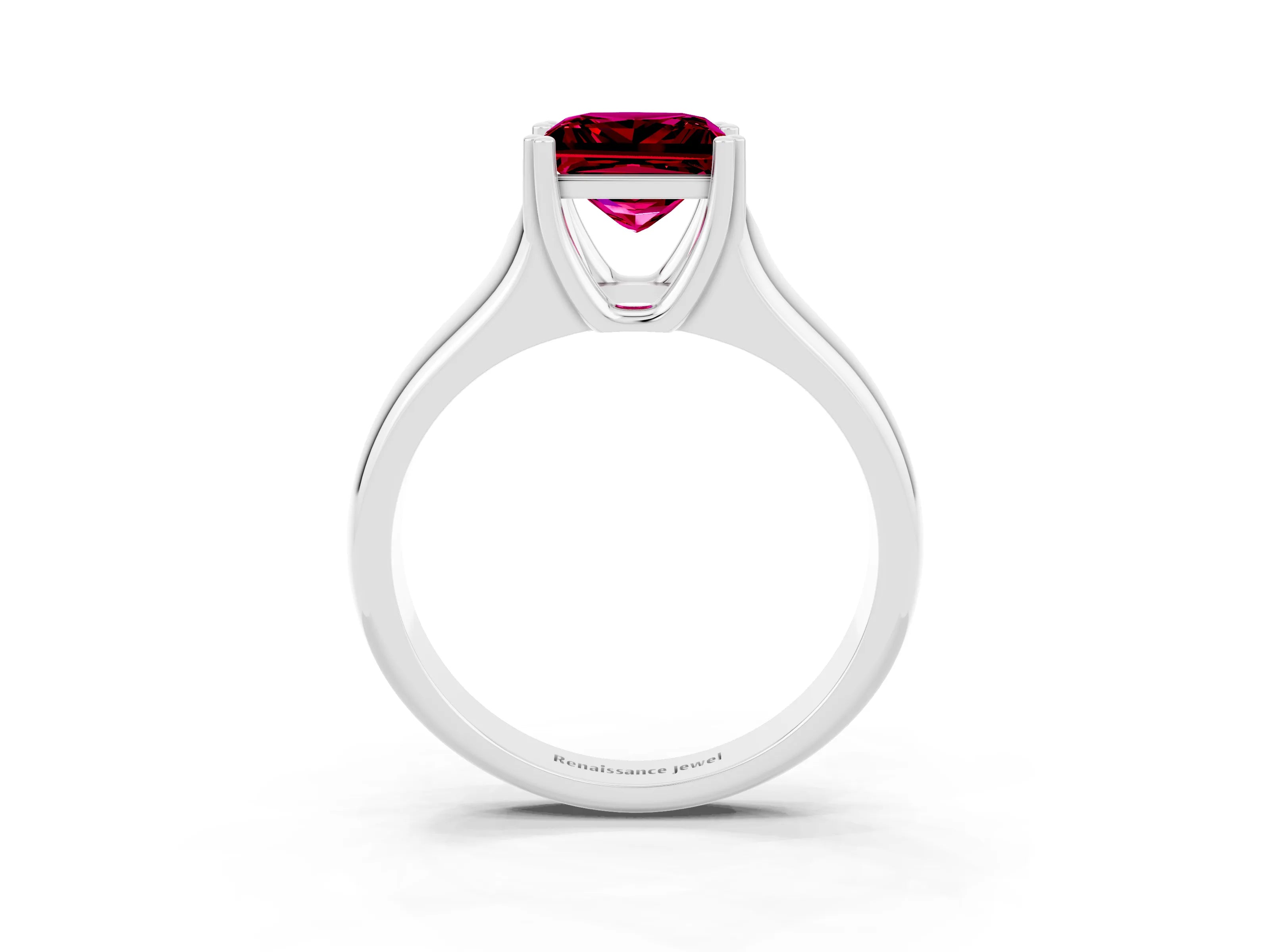 White gold Princess Cut Garnet Solitaire Ring with Wide Band and Prong Setting_3