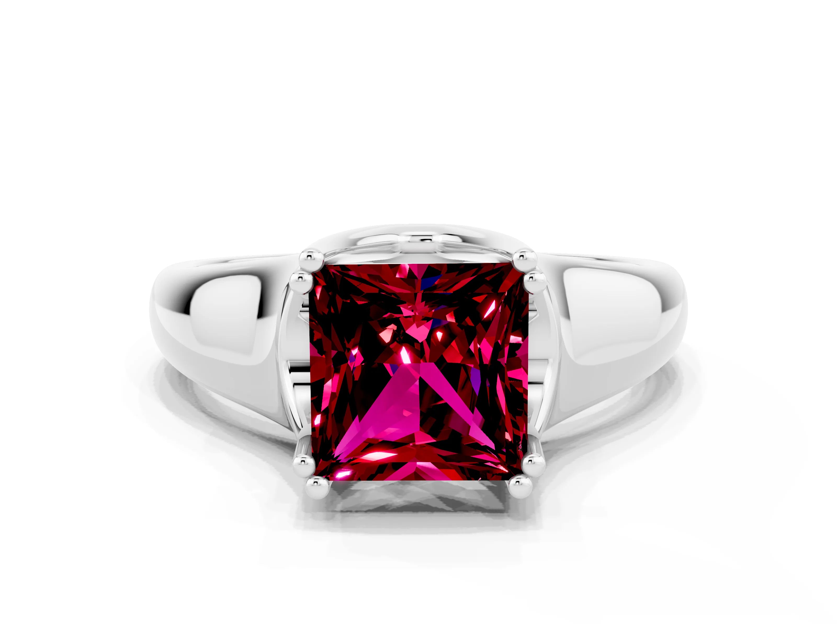 White gold Princess Cut Garnet Solitaire Ring with Wide Band and Prong Setting