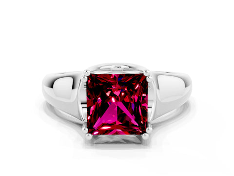 White gold Princess Cut Garnet Solitaire Ring with Wide Band and Prong Setting
