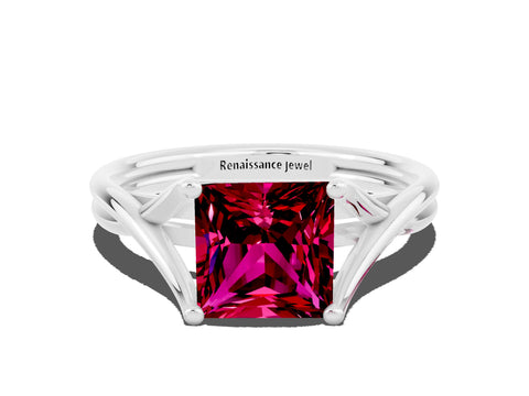 White gold Princess Cut Garnet Solitaire Twist Band Prong Setting Ring_54