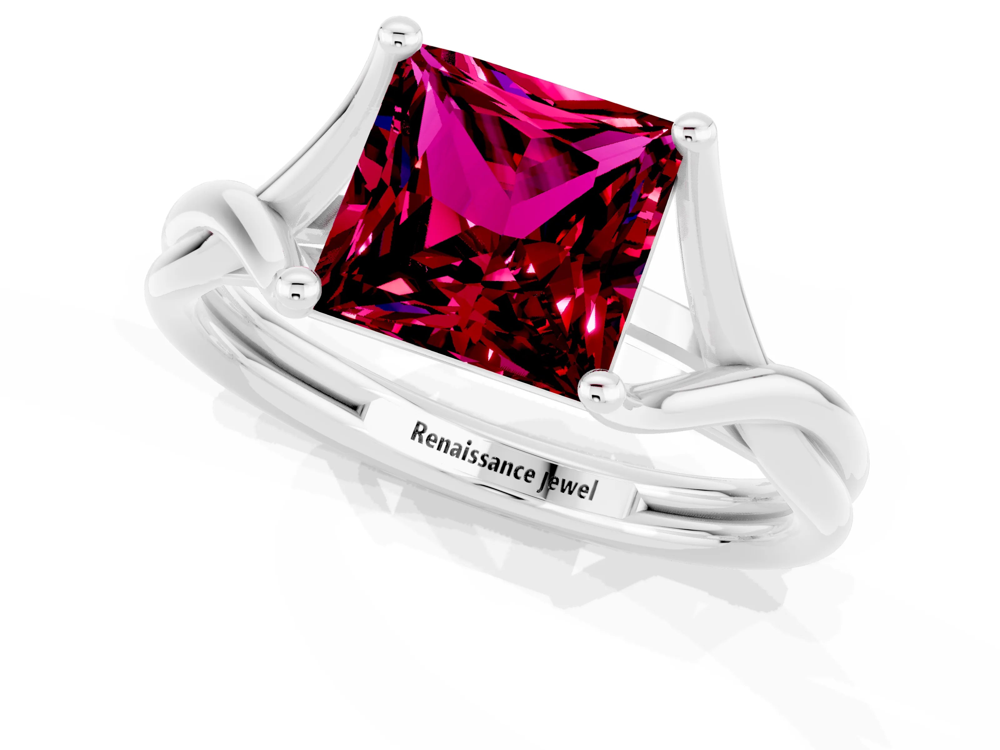 White gold Princess Cut Garnet Solitaire Twist Band Prong Setting Ring_55