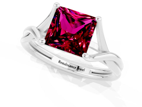White gold Princess Cut Garnet Solitaire Twist Band Prong Setting Ring_55