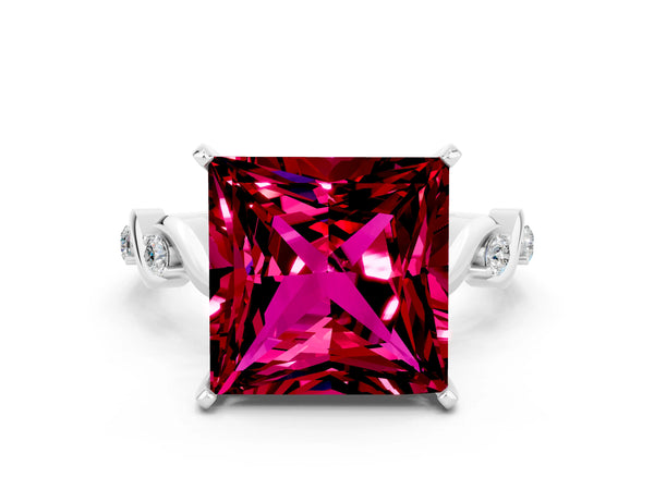 Platinum Princess Cut Garnet Solitaire Twisted Band with Round  Accents and Prong Setting