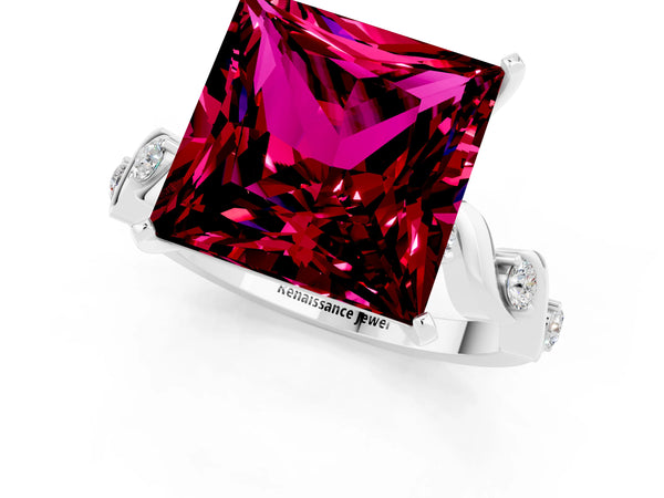 Silver Princess Cut Garnet Solitaire Twisted Band with Round  Accents and Prong Setting