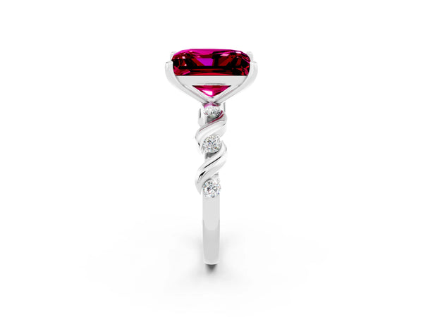 Platinum Princess Cut Garnet Solitaire Twisted Band with Round  Accents and Prong Setting