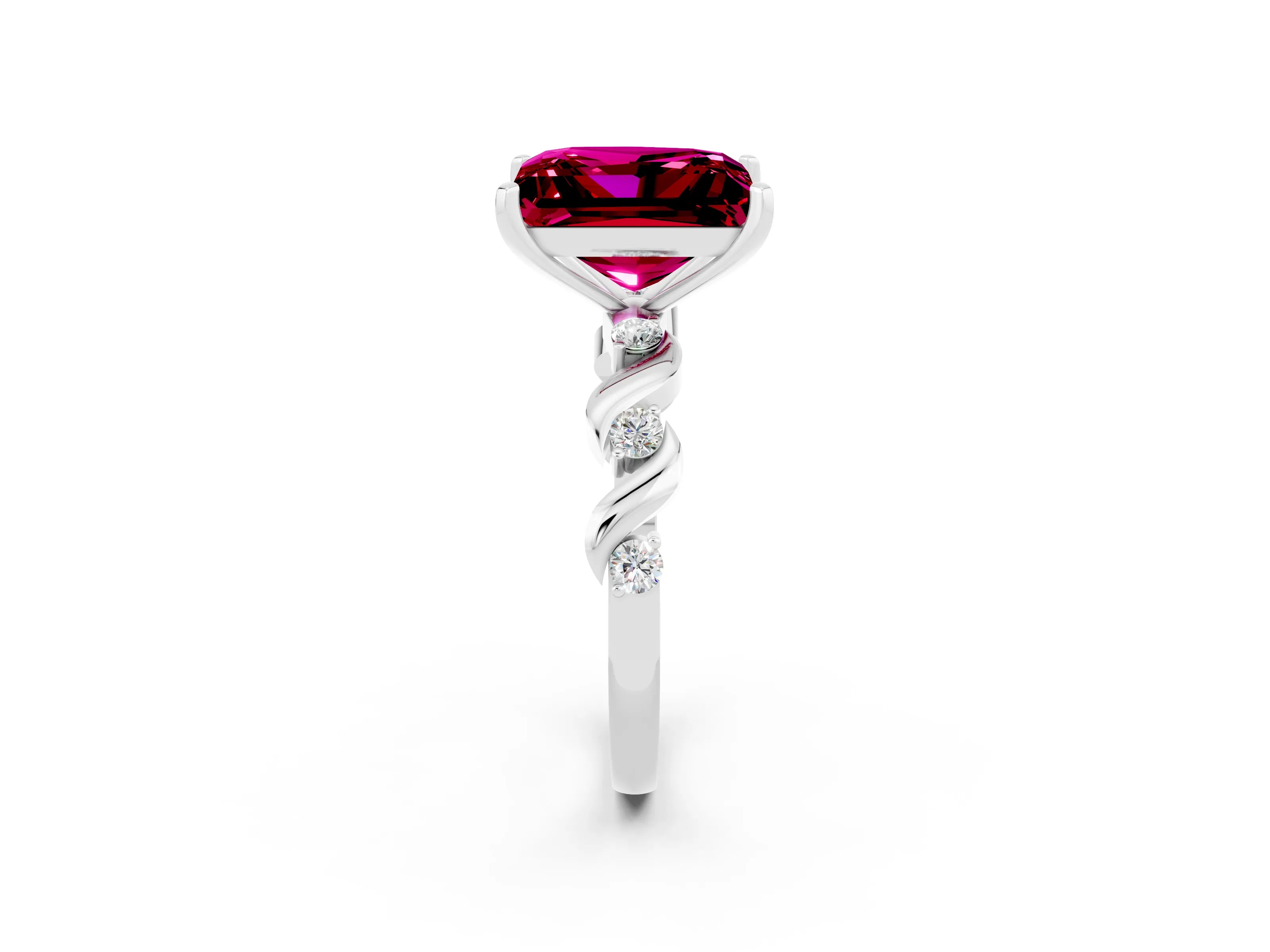 White gold Princess Cut Garnet Solitaire Twisted Band with Round  Accents and Prong Setting_14