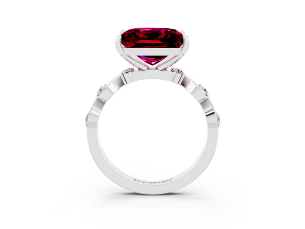 Silver Princess Cut Garnet Solitaire Twisted Band with Round  Accents and Prong Setting