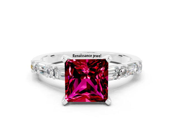 Platinum Princess Cut Garnet Solitaire with Side Baguettes and Channel Set Band
