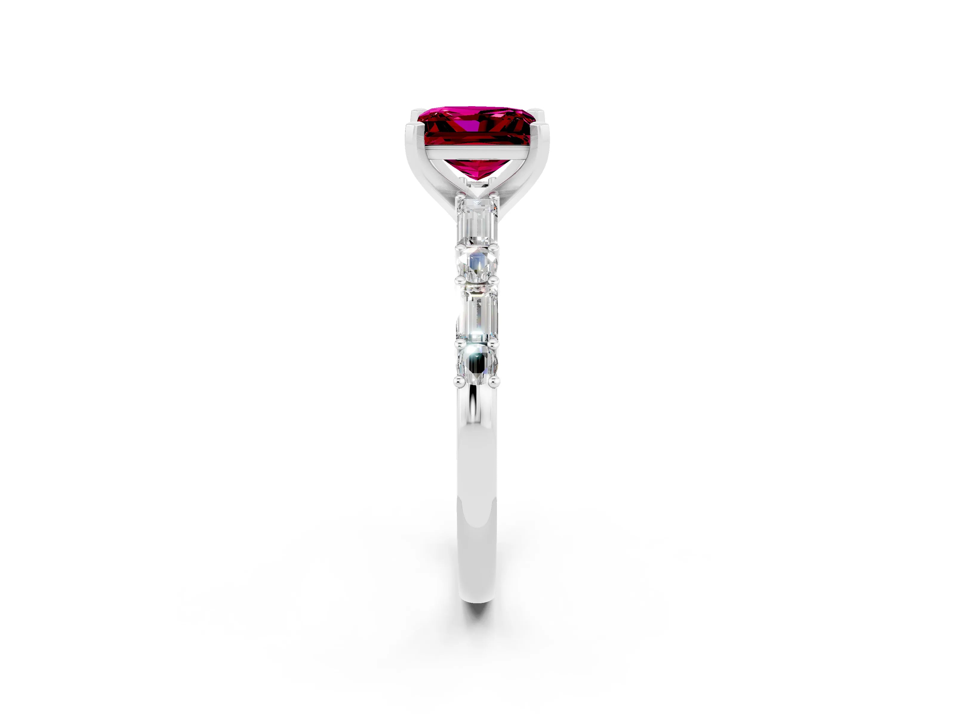 White gold Princess Cut Garnet Solitaire with Side Baguettes and Channel Set Band_2