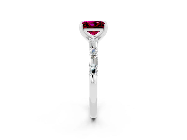 Silver Princess Cut Garnet Solitaire with Side Baguettes and Channel Set Band