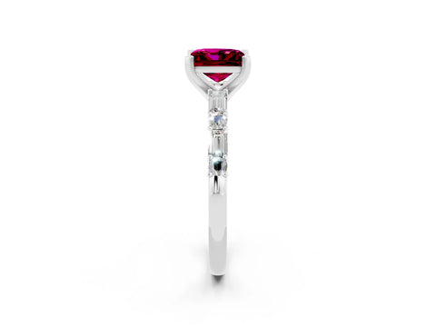 White gold Princess Cut Garnet Solitaire with Side Baguettes and Channel Set Band_2