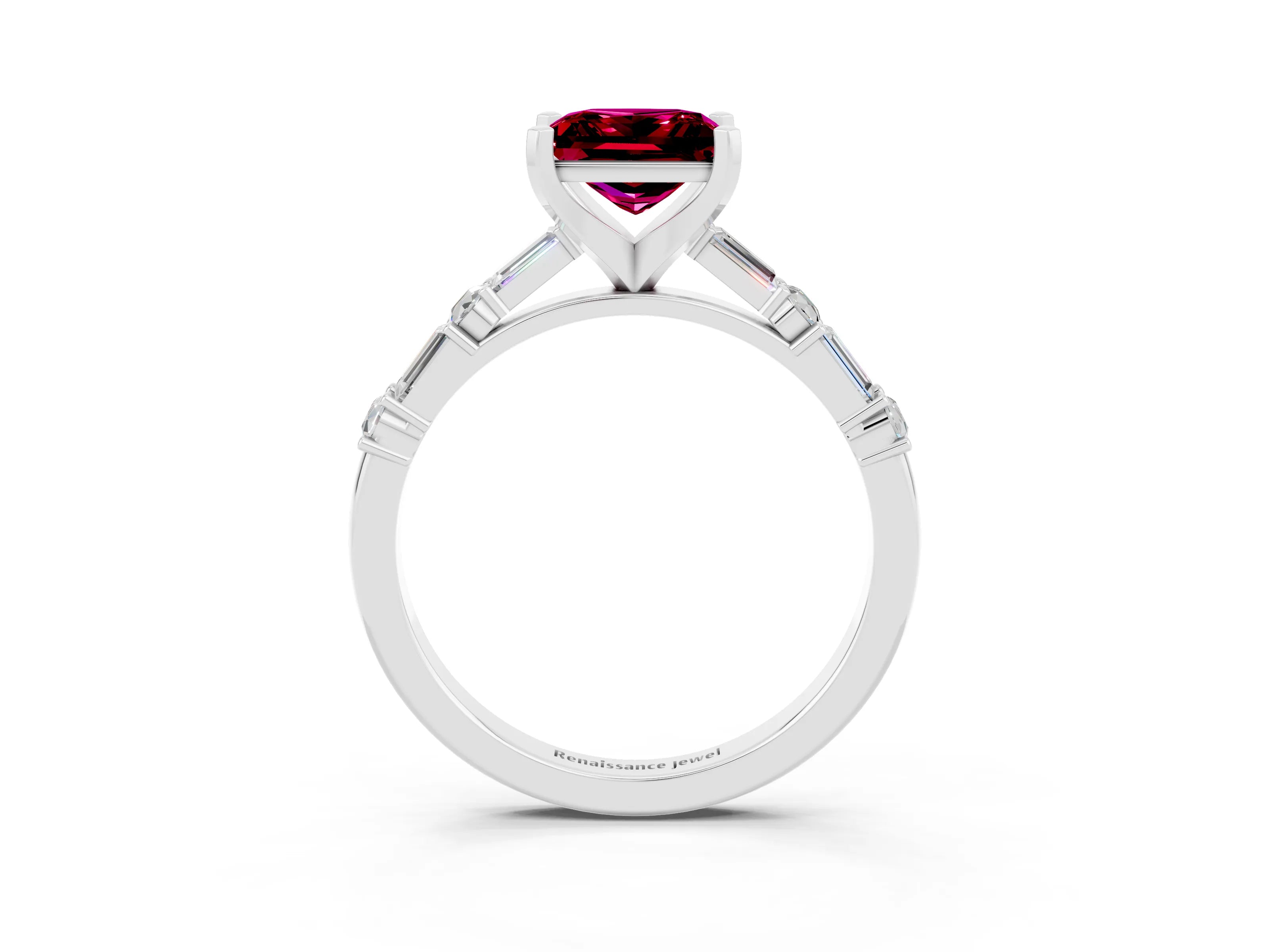 White gold Princess Cut Garnet Solitaire with Side Baguettes and Channel Set Band_3