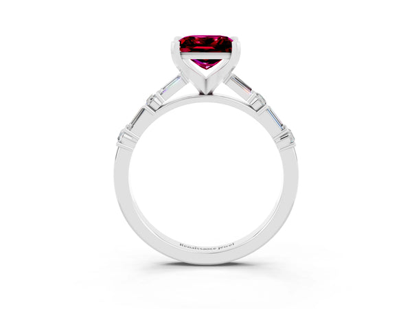 Silver Princess Cut Garnet Solitaire with Side Baguettes and Channel Set Band