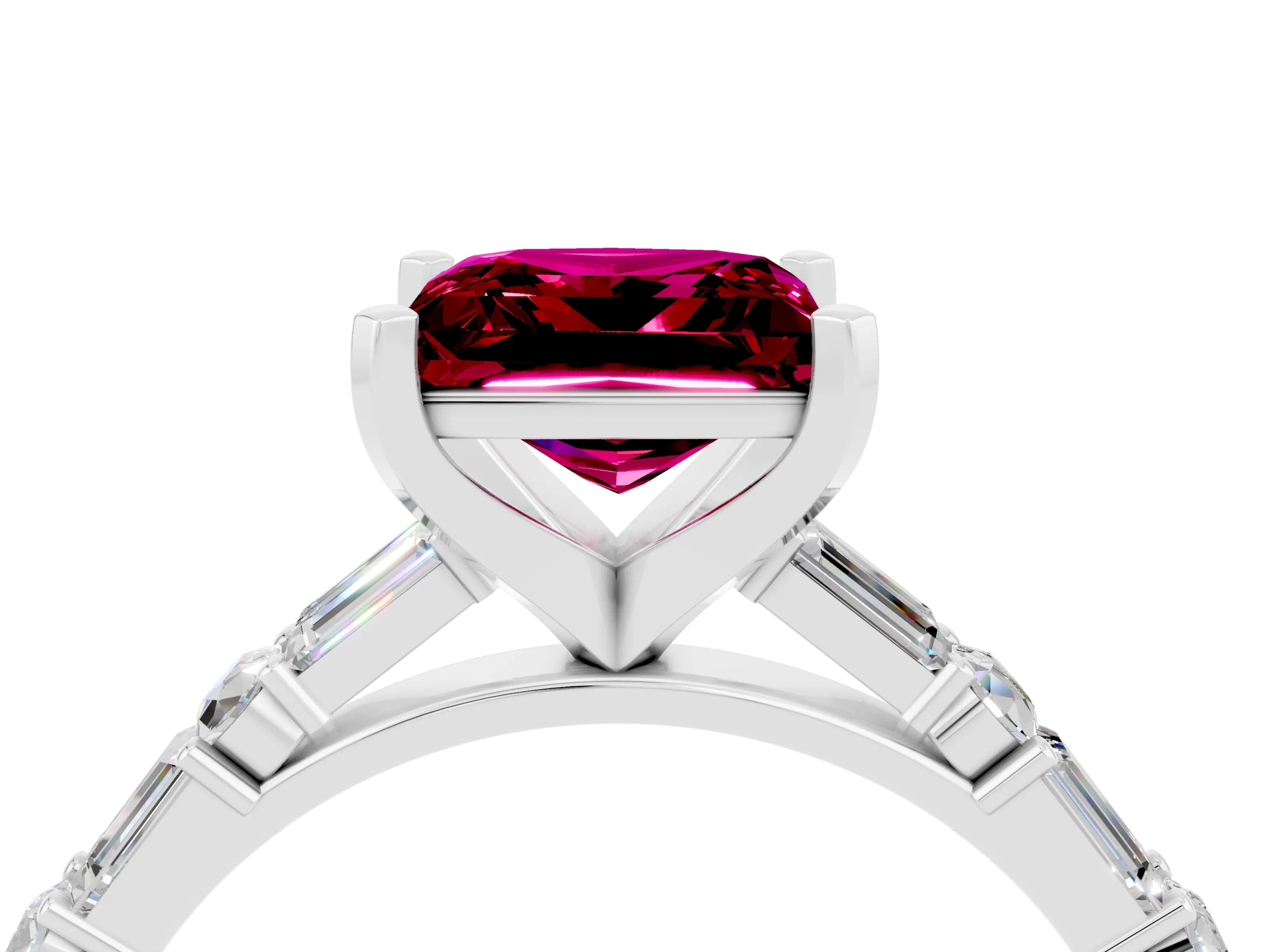 White gold Princess Cut Garnet Solitaire with Side Baguettes and Channel Set Band_4