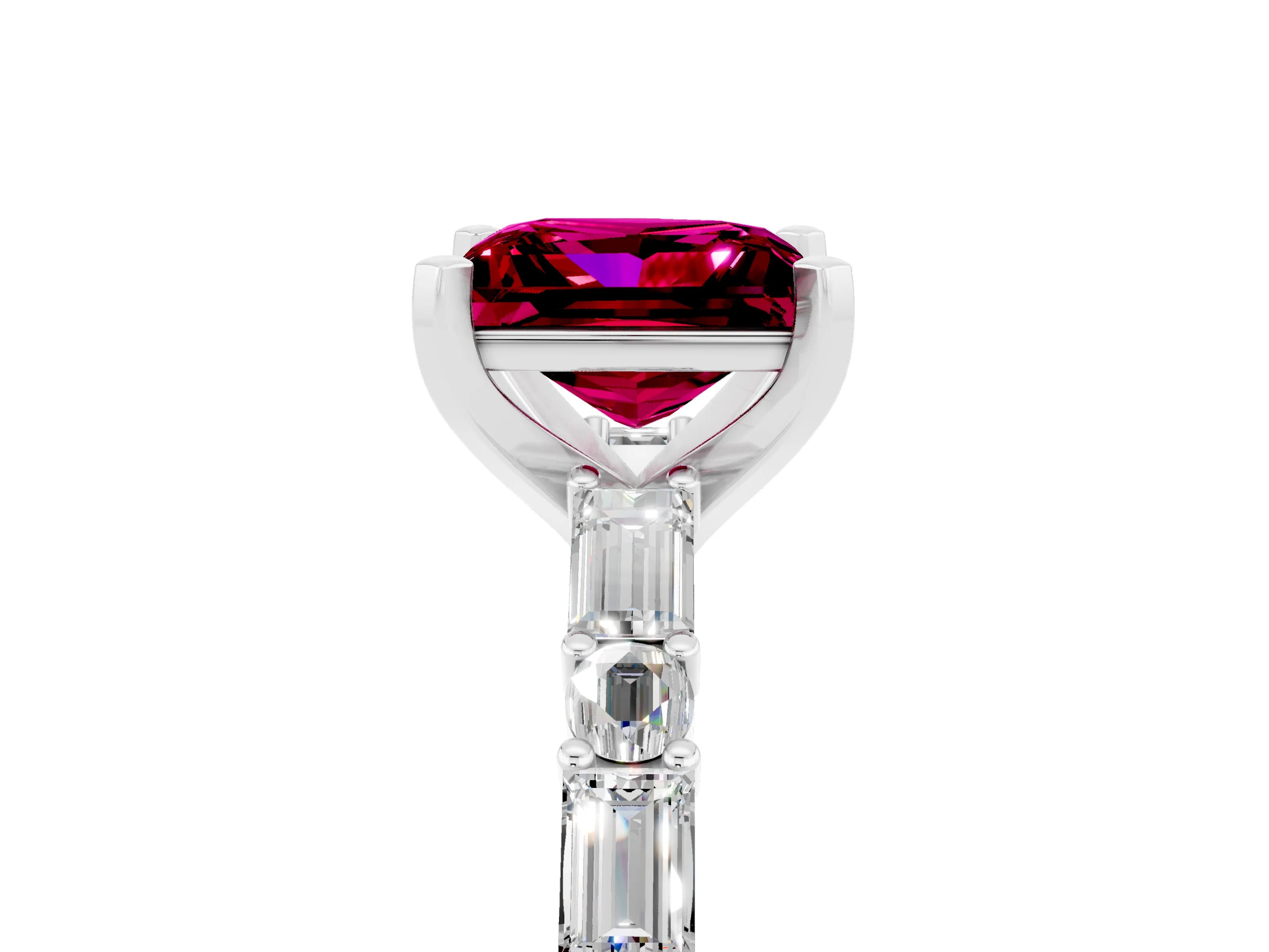 White gold Princess Cut Garnet Solitaire with Side Baguettes and Channel Set Band_5
