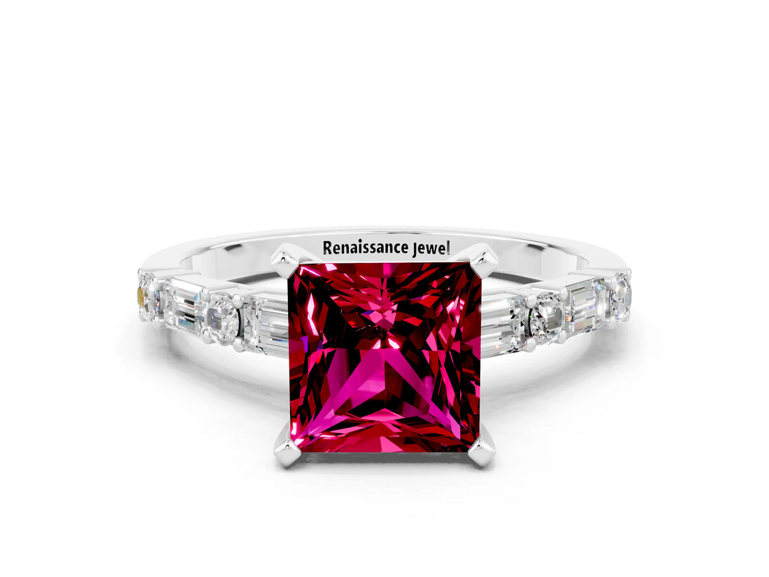 White gold Princess Cut Garnet Solitaire with Side Baguettes and Channel Set Band