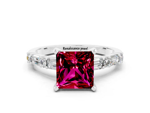 White gold Princess Cut Garnet Solitaire with Side Baguettes and Channel Set Band