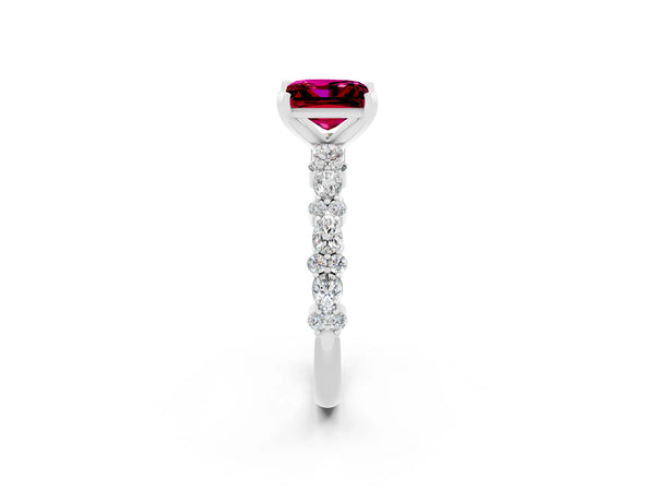 Platinum Princess Cut Garnet Side Stone Solitaire Ring with Round  and Four-Prong Setting