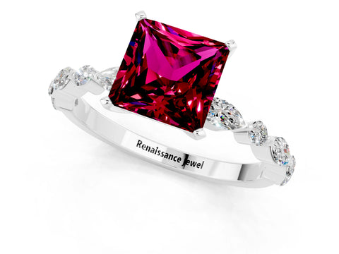 White gold Princess Cut Garnet Solitaire with Side Stones on a Pavé Band and Four-Prong Setting_1