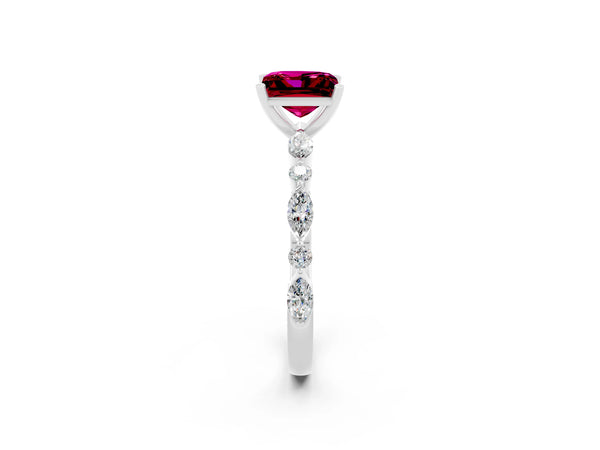 Platinum Princess Cut Garnet Ring with Marquise and Round  Side Stones and Four-Prong Setting